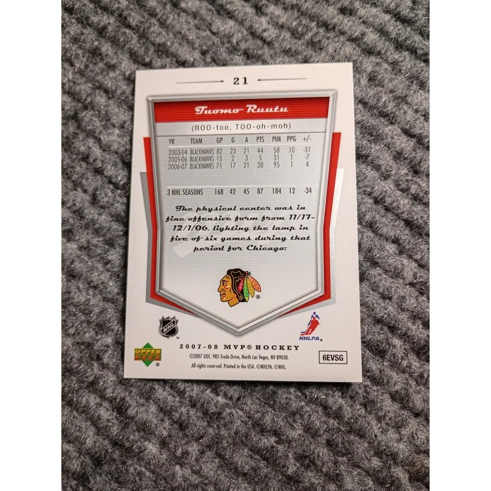 2007-2008 Upper Deck MVP Chicago Blackhawks Tuomo Ruutu Hockey Card #21